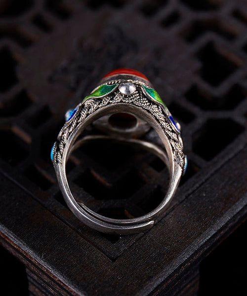 Sterling Agate Silver Retro Red Rings Cloisonne FashionChic