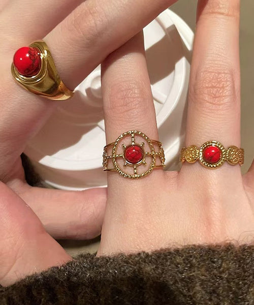 Red Overgild Hollow Retro Sterling Two Agate Silver Rings Out FashionChic