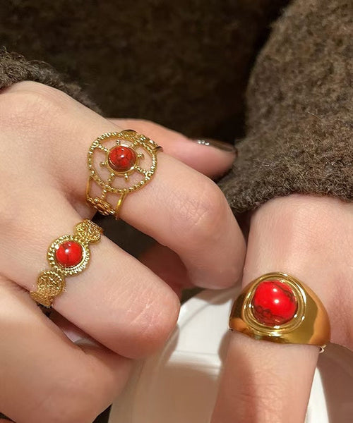 Red Overgild Hollow Retro Sterling Two Agate Silver Rings Out FashionChic