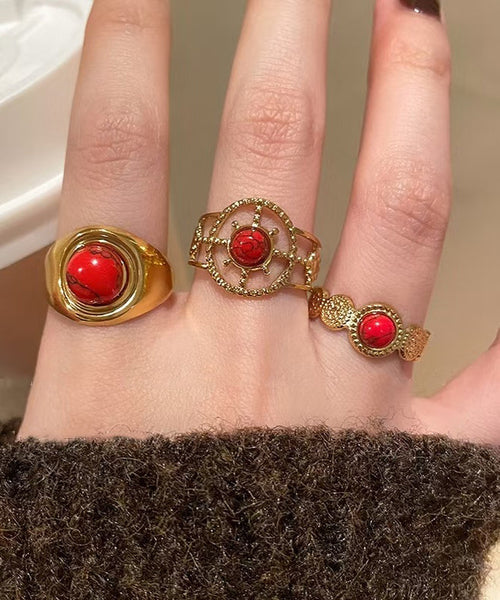 Red Overgild Hollow Retro Sterling Two Agate Silver Rings Out FashionChic