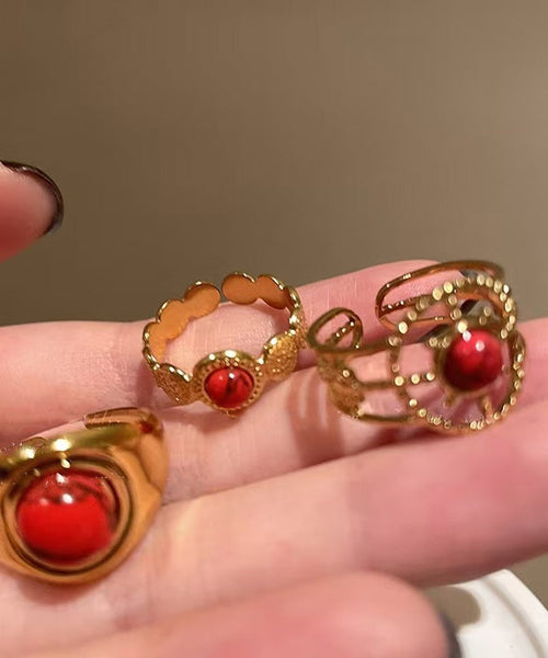 Red Overgild Hollow Retro Sterling Two Agate Silver Rings Out FashionChic