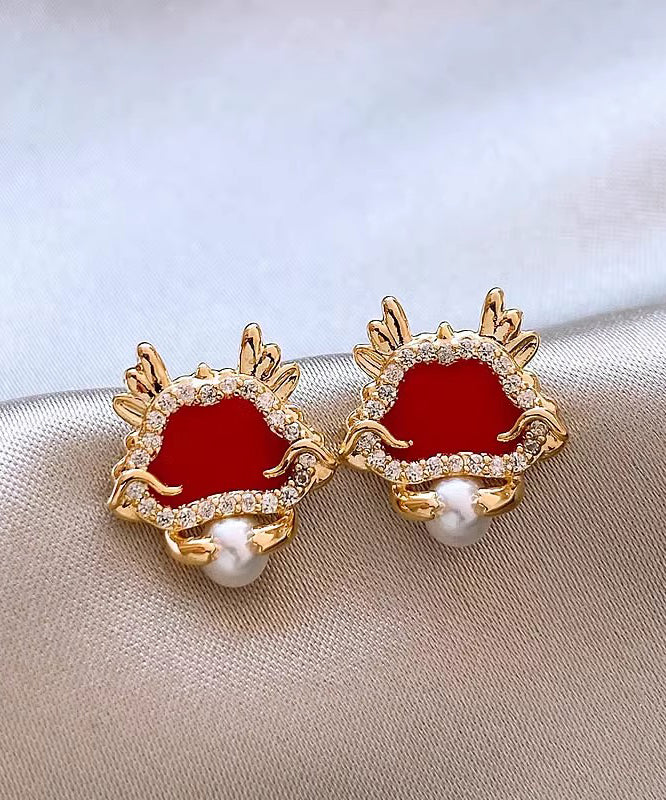 Retro Red Sterling Silver Overgild Zircon Pearl Stud Earrings WH052 JEW-EAR241116