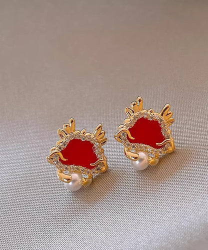 Retro Red Sterling Silver Overgild Zircon Pearl Stud Earrings WH052 JEW-EAR241116