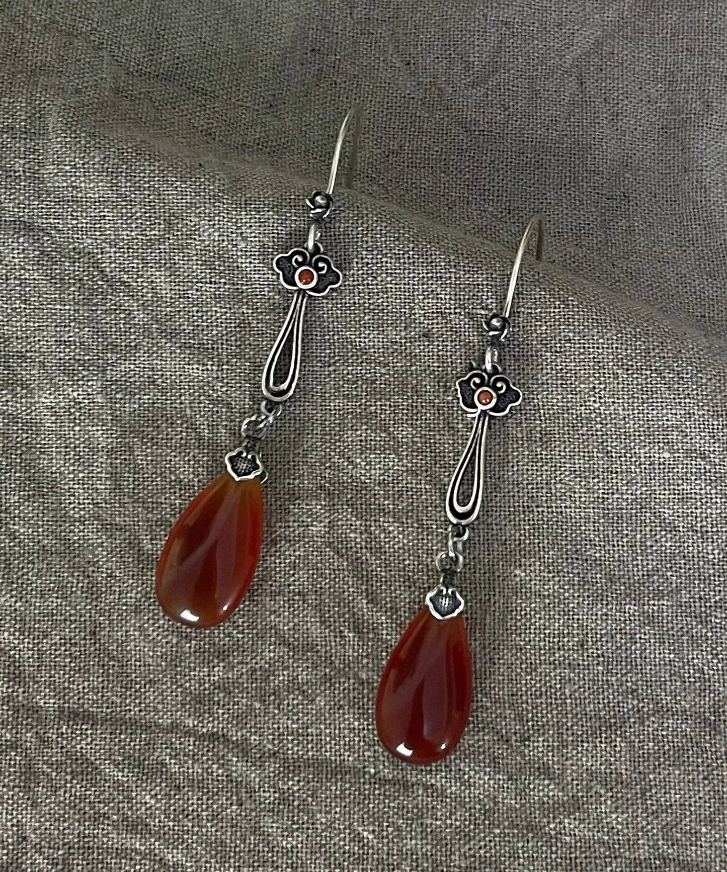 Retro Red Sterling Silver Water Drop Red Agate Drop Earrings QU046 JEW-EAR241007