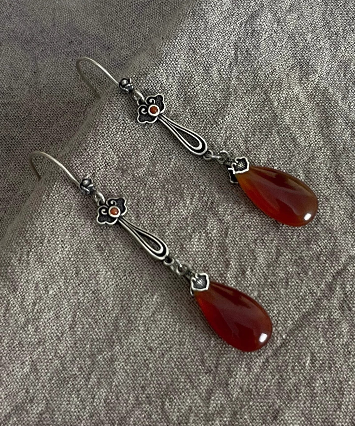 Retro Red Sterling Silver Water Drop Red Agate Drop Earrings QU046 JEW-EAR241007