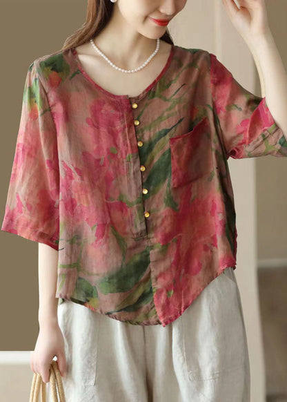 Retro Rose O Neck Asymmetrical Print Linen Top Summer FF028 MZF-STP240607