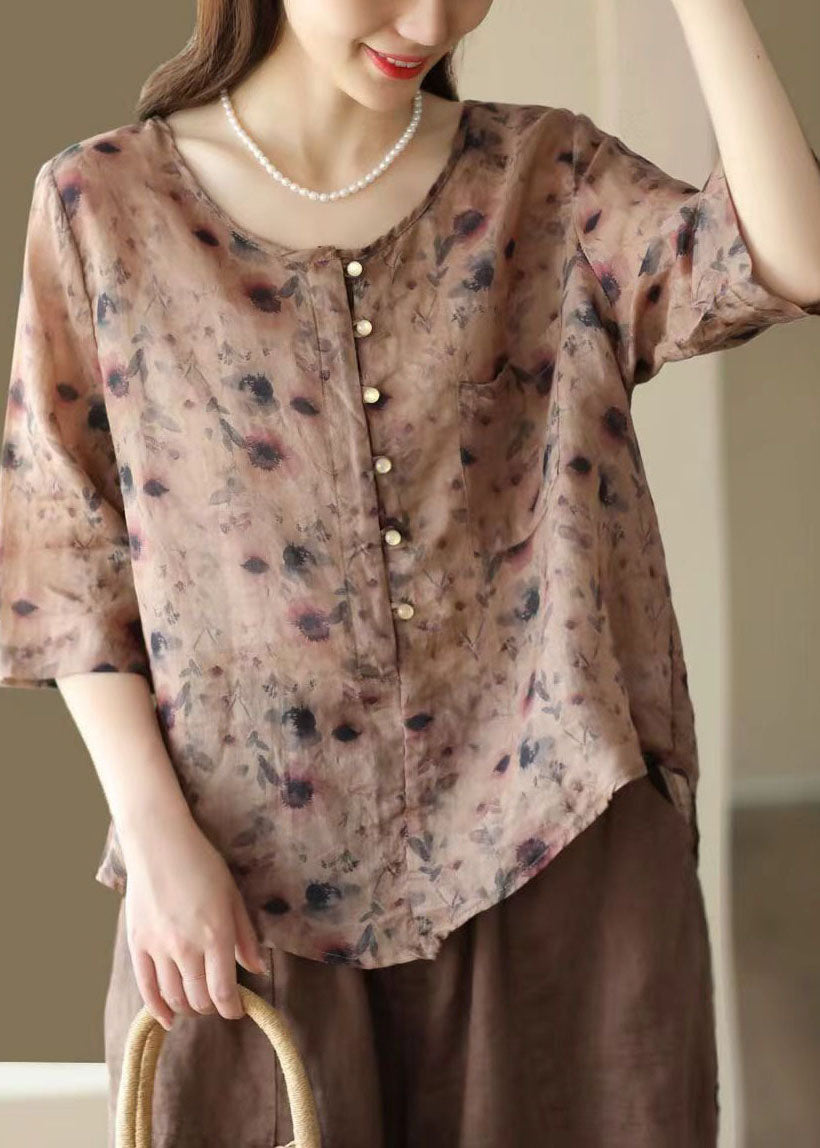 Retro Rose O Neck Asymmetrical Print Linen Top Summer FF028 MZF-STP240607