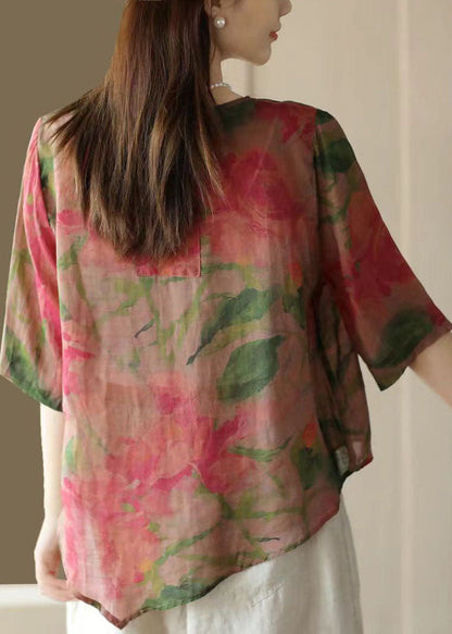 Retro Rose O Neck Asymmetrical Print Linen Top Summer FF028 MZF-STP240607