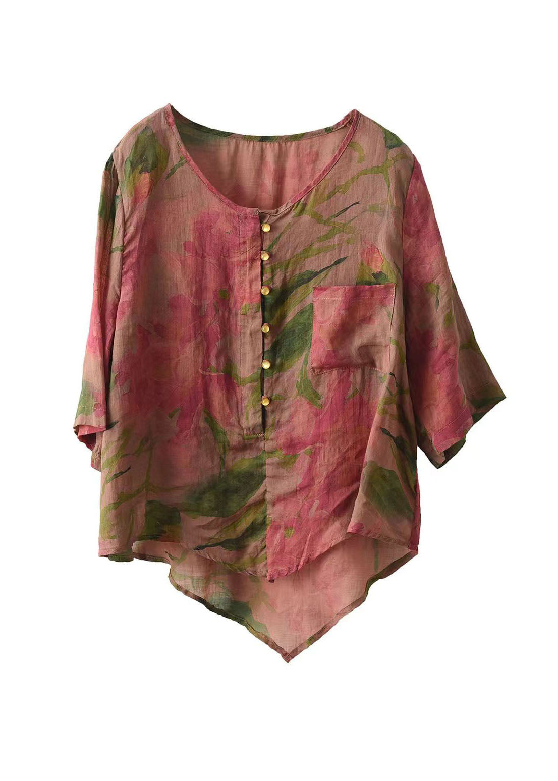 Retro Rose O Neck Asymmetrical Print Linen Top Summer FF028 MZF-STP240607