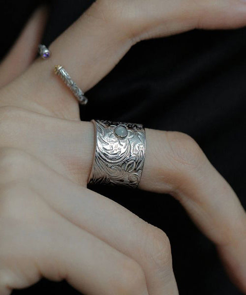 Sterling Retro Inlay Jade Silk Silver Rings FashionChic