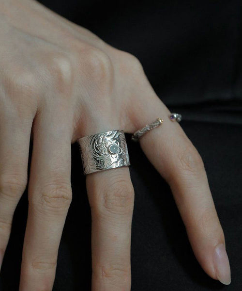 Sterling Retro Inlay Jade Silk Silver Rings FashionChic