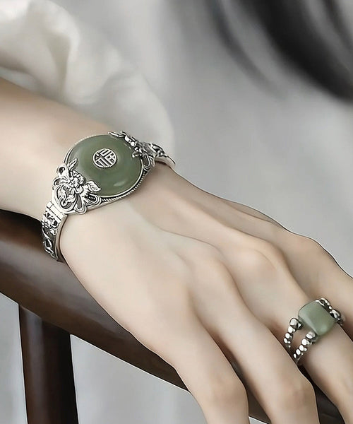 Retro Silk Sterling Silver Jade Peony Ping Buckle Bangle RB026 ABC