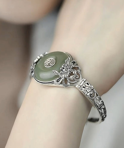 Retro Silk Sterling Silver Jade Peony Ping Buckle Bangle RB026 ABC