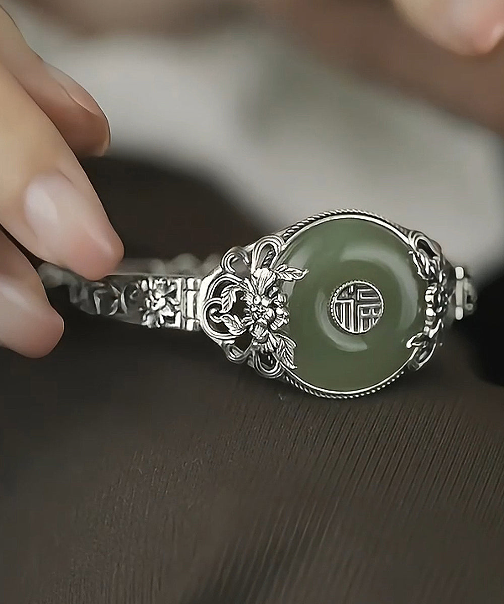 Retro Silk Sterling Silver Jade Peony Ping Buckle Bangle RB026 ABC