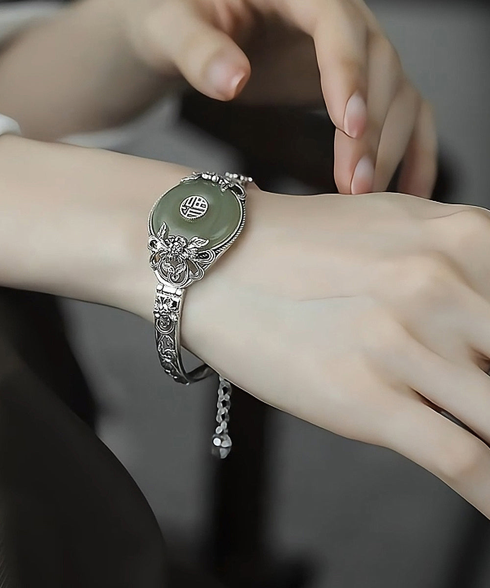 Retro Silk Sterling Silver Jade Peony Ping Buckle Bangle RB026 ABC