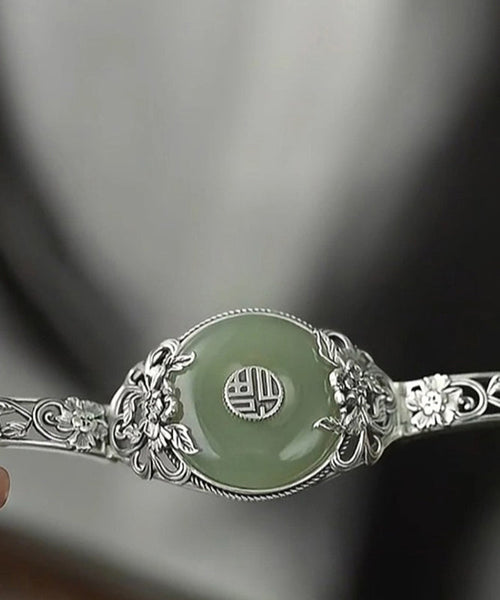 Retro Silk Sterling Silver Jade Peony Ping Buckle Bangle RB026 ABC