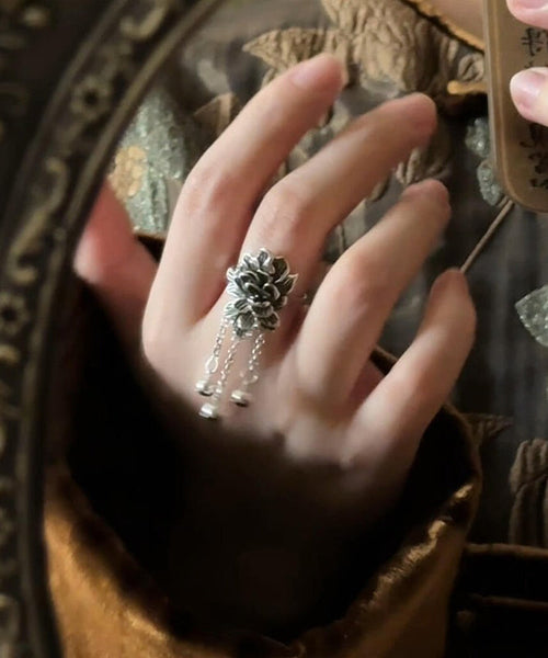 Peony Tassel Sterling Silk Retro Rings Silver FashionChic