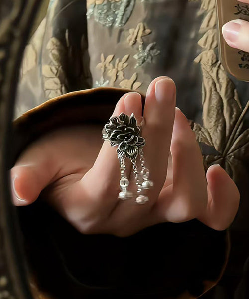 Peony Tassel Sterling Silk Retro Rings Silver FashionChic