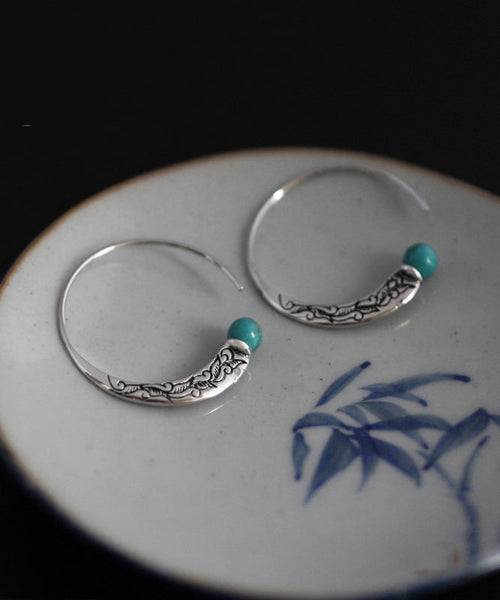 Retro Silk Sterling Silver Turquoise Hoop Earrings TX024