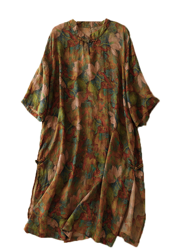 Retro Stand Collar Button Print Linen Dress Summer AM1071 Genistyle Shop