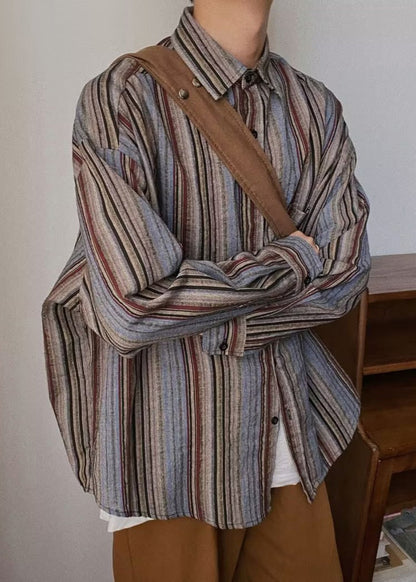Spring Mens Pockets Button Striped Oversized Cotton Shirts Retro FashionChic
