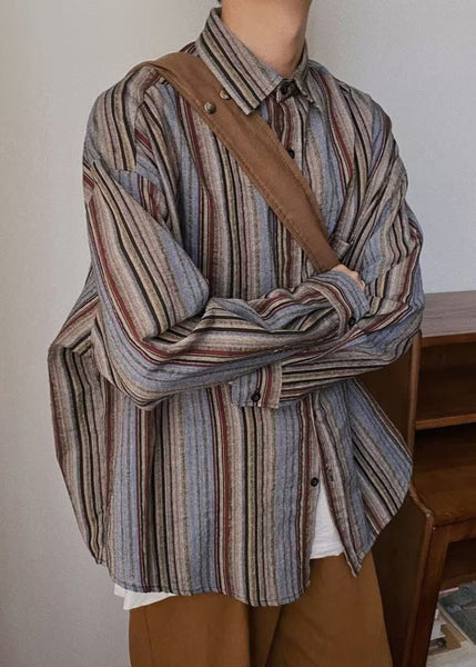 Spring Mens Pockets Button Striped Oversized Cotton Shirts Retro FashionChic