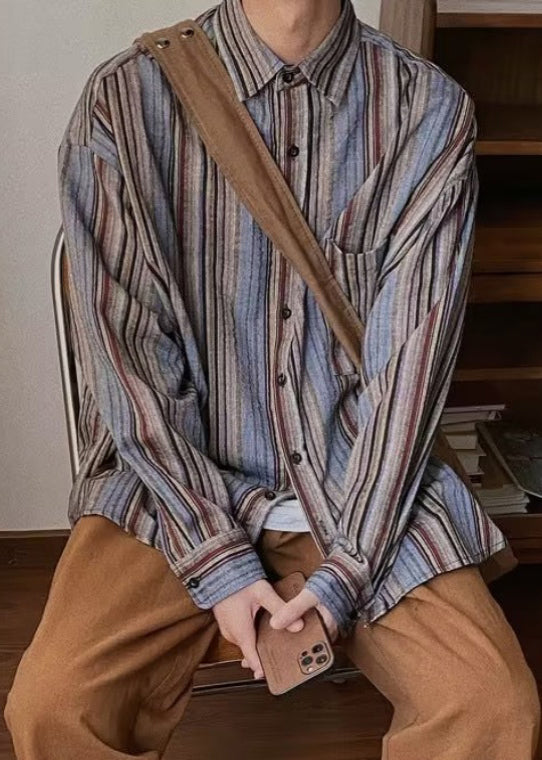 Spring Mens Pockets Button Striped Oversized Cotton Shirts Retro FashionChic