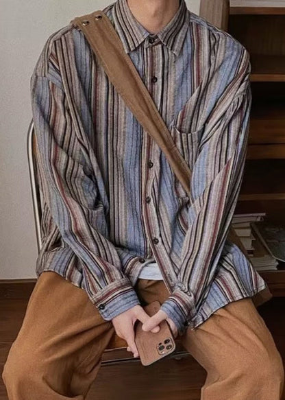 Spring Mens Pockets Button Striped Oversized Cotton Shirts Retro FashionChic