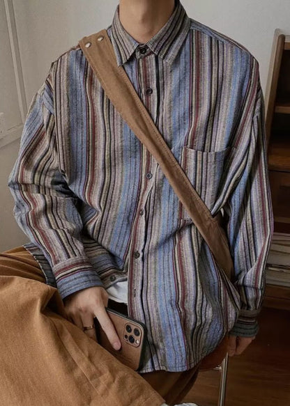 Spring Mens Pockets Button Striped Oversized Cotton Shirts Retro FashionChic