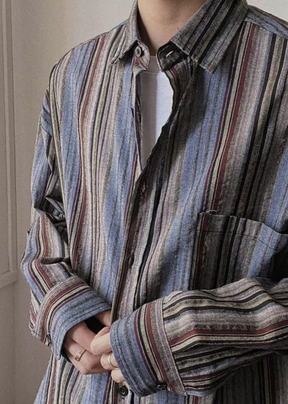 Spring Mens Pockets Button Striped Oversized Cotton Shirts Retro FashionChic
