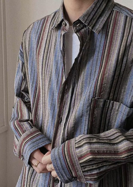 Spring Mens Pockets Button Striped Oversized Cotton Shirts Retro FashionChic