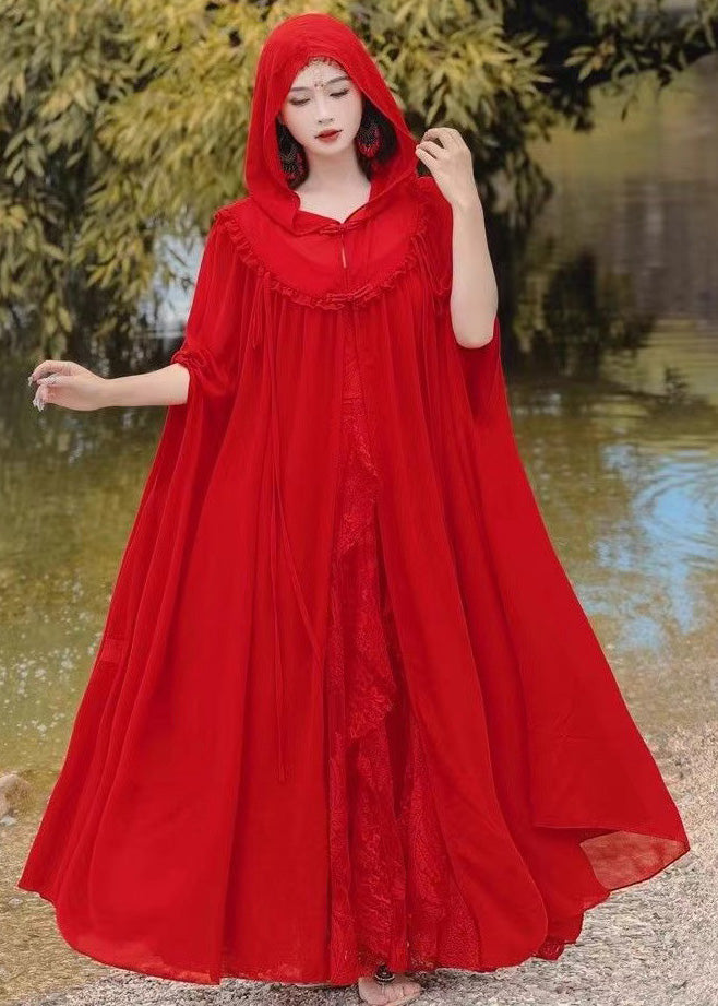 Retro Vacation Style Chiffon Hooded Red Cape And Dress Two-Piece Set XX021 SH-LF-TPIEC240611