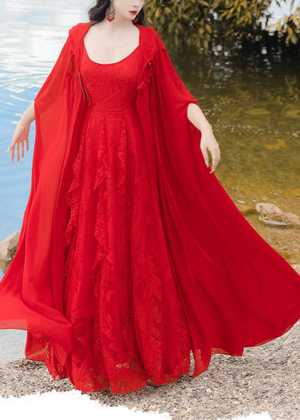 Retro Vacation Style Chiffon Hooded Red Cape And Dress Two-Piece Set XX021 SH-LF-TPIEC240611