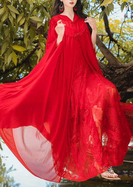 Retro Vacation Style Chiffon Hooded Red Cape And Dress Two-Piece Set XX021 SH-LF-TPIEC240611