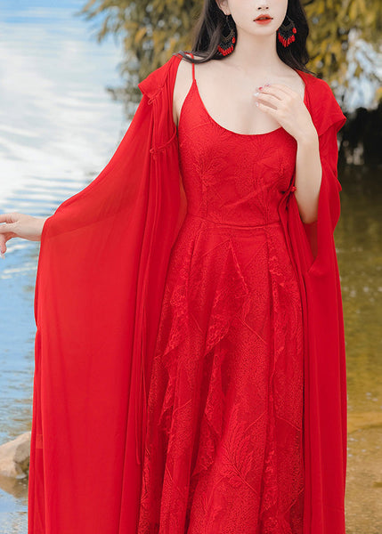 Retro Vacation Style Chiffon Hooded Red Cape And Dress Two-Piece Set XX021 SH-LF-TPIEC240611