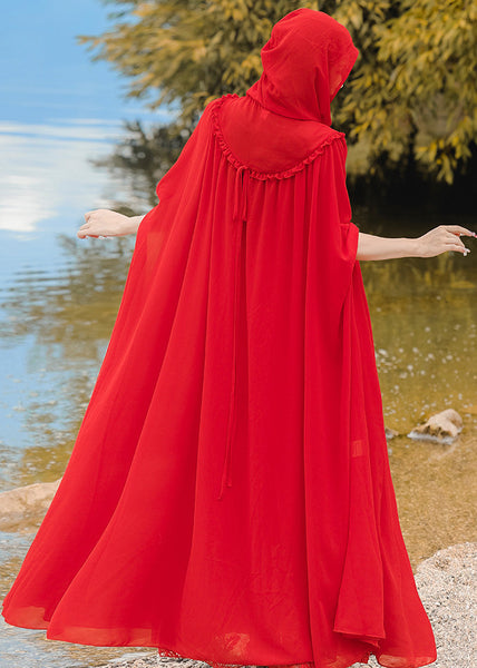 Retro Vacation Style Chiffon Hooded Red Cape And Dress Two-Piece Set XX021 SH-LF-TPIEC240611