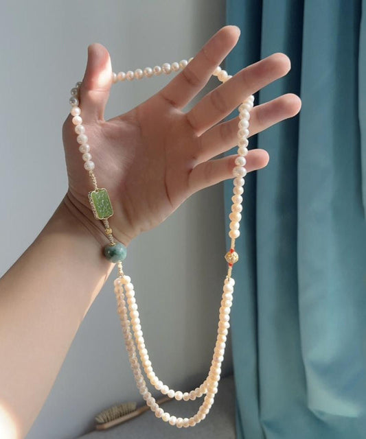 Gratuated Necklace Pearl White Beading Jade Bead Alloy Retro FashionChic