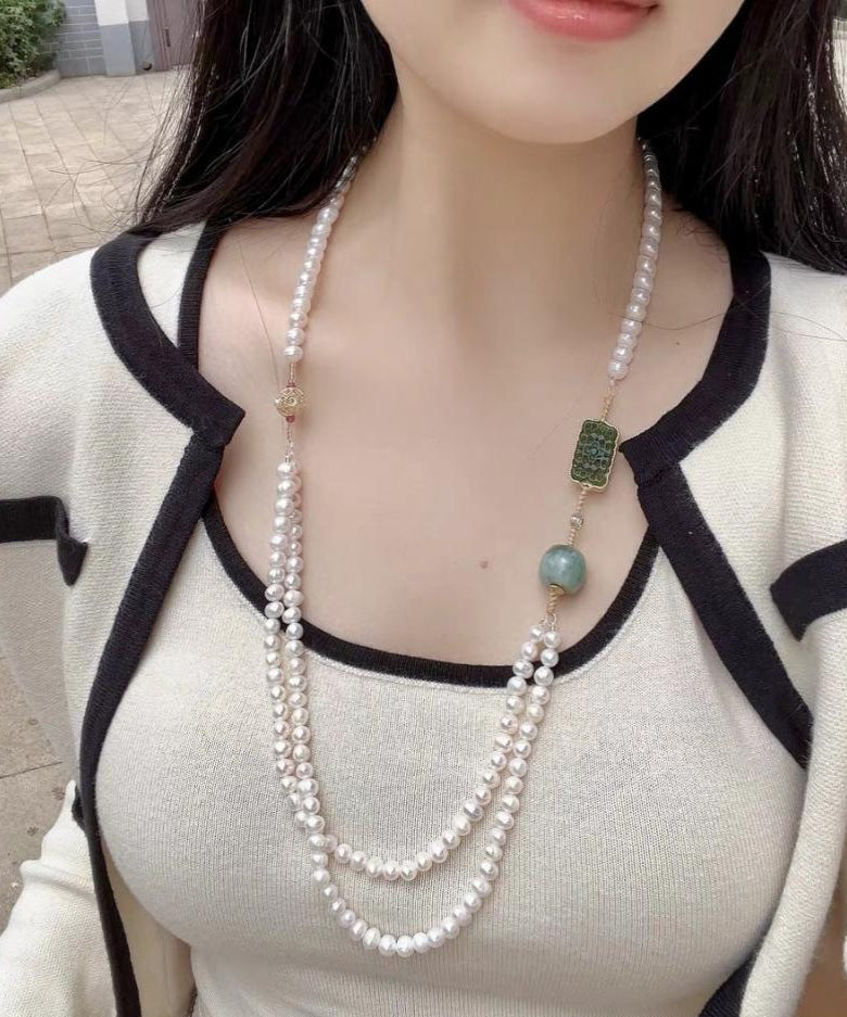 Gratuated Necklace Pearl White Beading Jade Bead Alloy Retro FashionChic