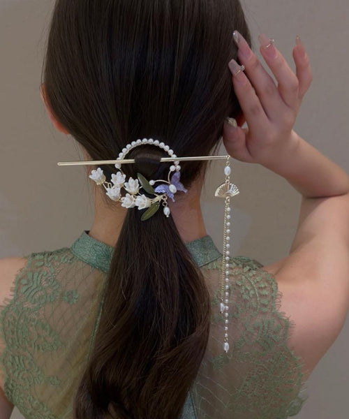 Retro White Alloy Pearl Lily Of The Valley Tassel Hairpin AB1083 Genistyle Shop