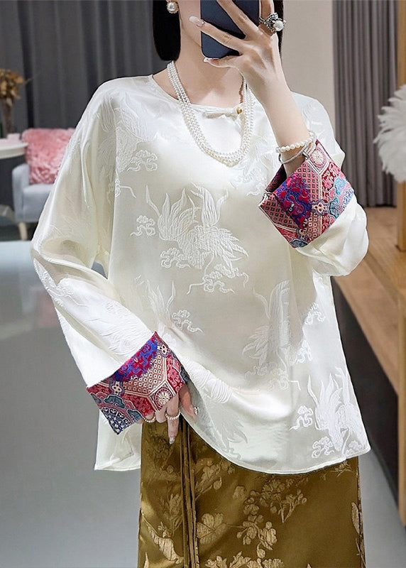 Retro White O Neck Jacquard Silk Blouses Long Sleeve BB025 Hawaii-LTP240622