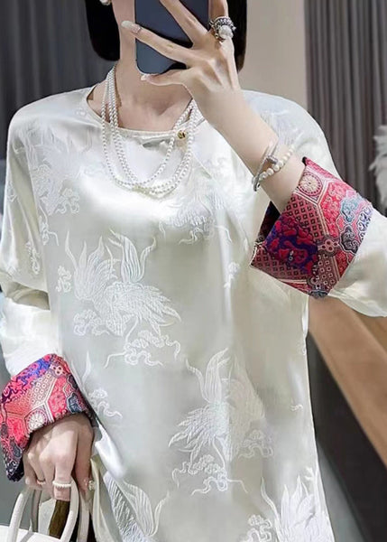 Retro White O Neck Jacquard Silk Blouses Long Sleeve BB025 Hawaii-LTP240622