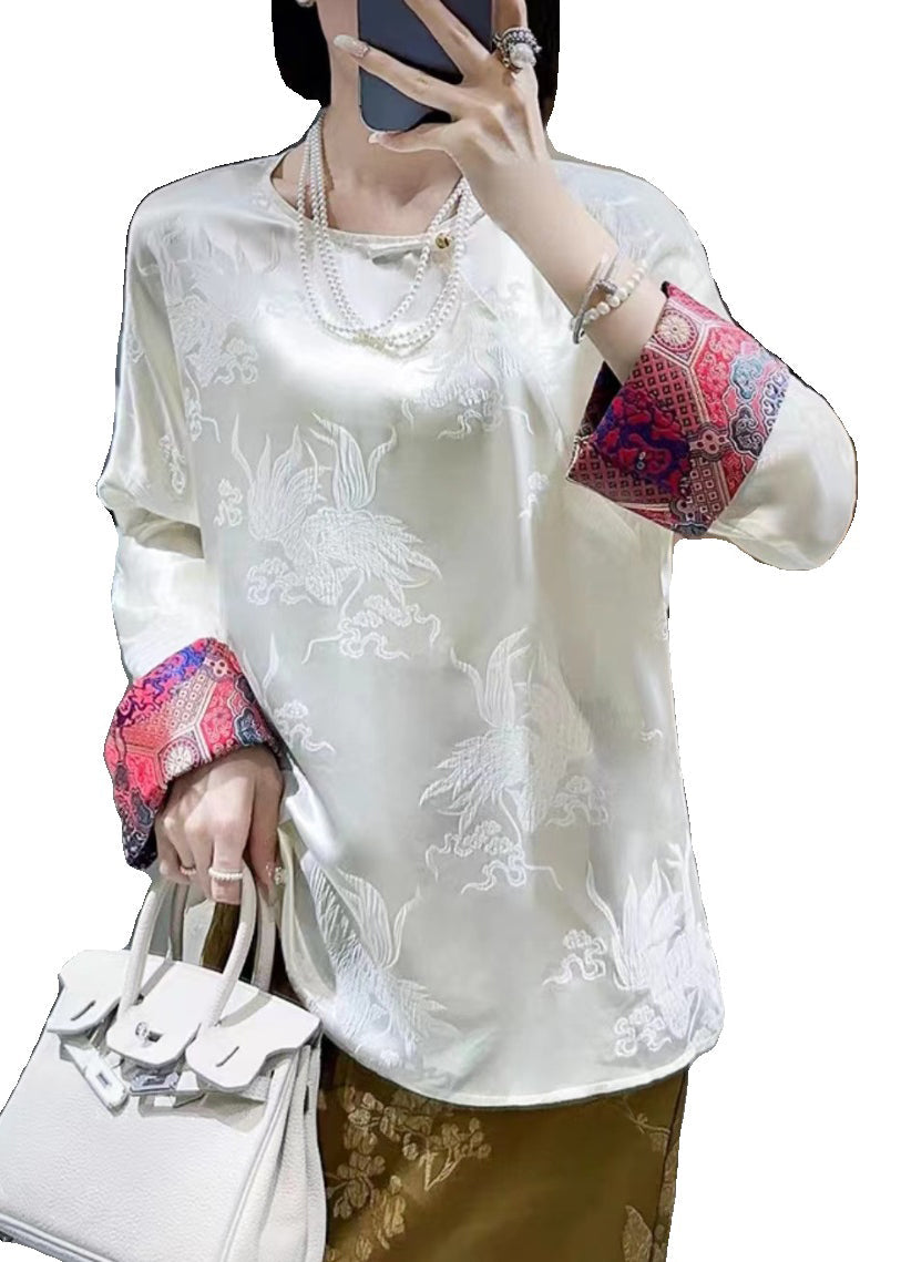 Retro White O Neck Jacquard Silk Blouses Long Sleeve BB025 Hawaii-LTP240622