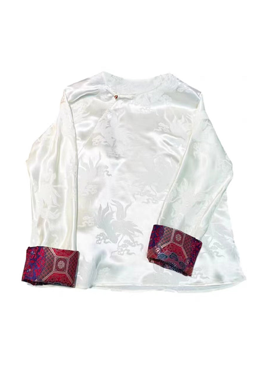 Retro White O Neck Jacquard Silk Blouses Long Sleeve BB025 Hawaii-LTP240622