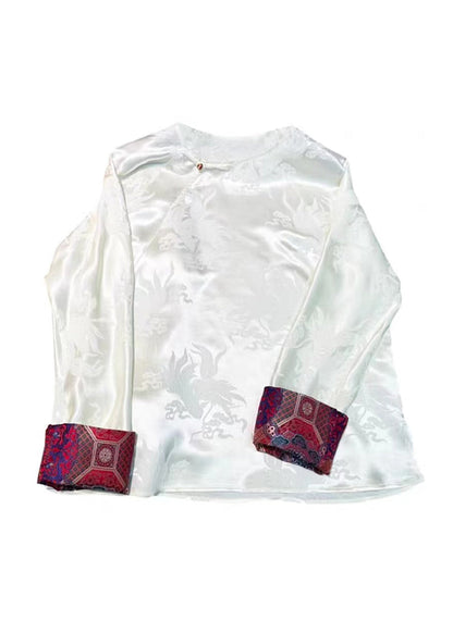 Retro White O Neck Jacquard Silk Blouses Long Sleeve BB025 Hawaii-LTP240622