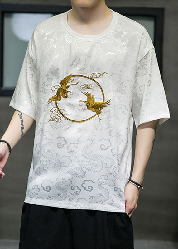 Retro White O-Neck Oriental Embroideried Ice Silk Mens T Shirts Summer HG002 Men-Silk-MENT240725