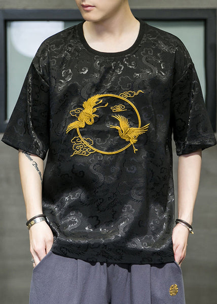 Retro White O-Neck Oriental Embroideried Ice Silk Mens T Shirts Summer HG002 Men-Silk-MENT240725