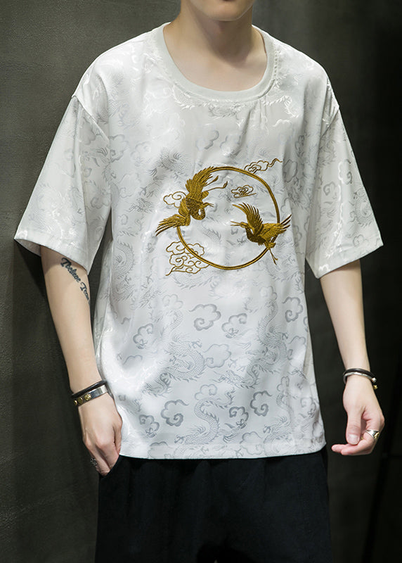 Retro White O-Neck Oriental Embroideried Ice Silk Mens T Shirts Summer HG002 Men-Silk-MENT240725