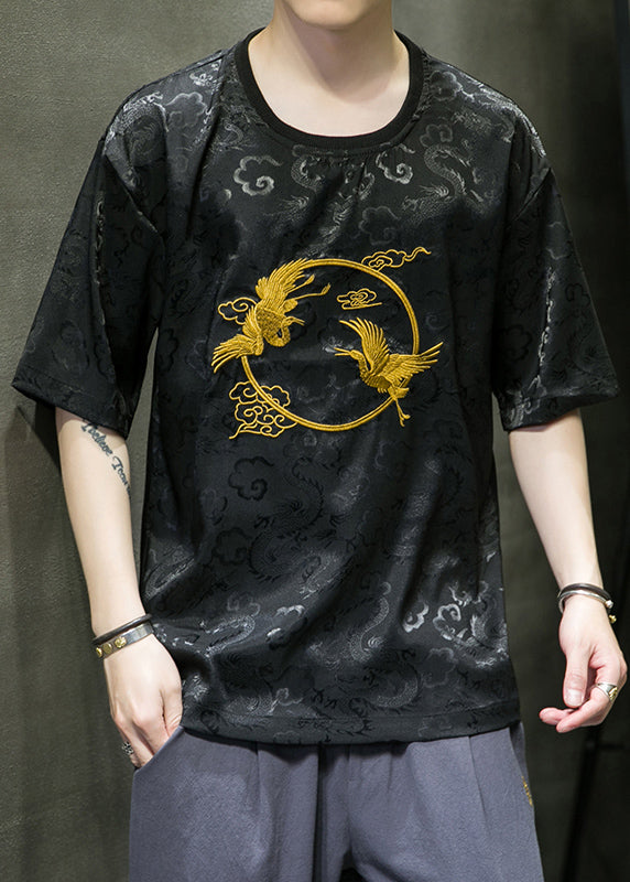 Retro White O-Neck Oriental Embroideried Ice Silk Mens T Shirts Summer HG002 Men-Silk-MENT240725