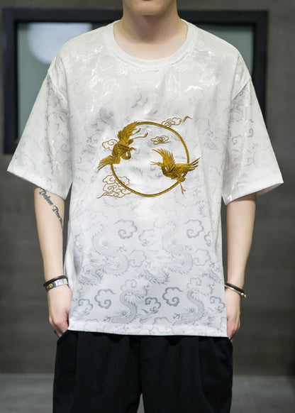 Retro White O-Neck Oriental Embroideried Ice Silk Mens T Shirts Summer HG002 Men-Silk-MENT240725
