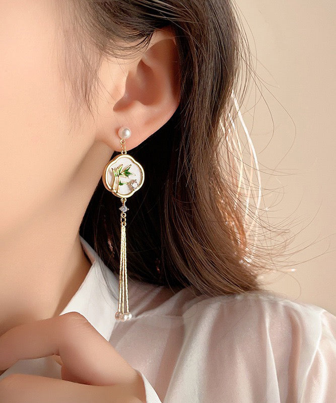 Retro White Sterling Silver Overgild Pearl Tassel Drop Earrings QI073 JEW-EAR240928